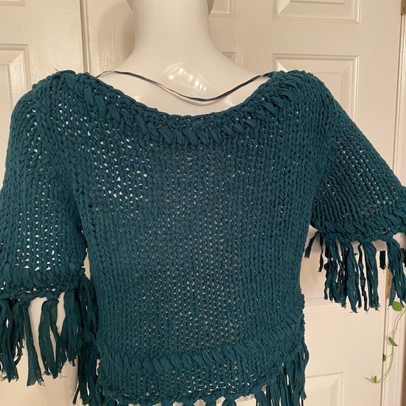 Free People On the Fringe Teal Knit Swater size S - Picture 3 of 4